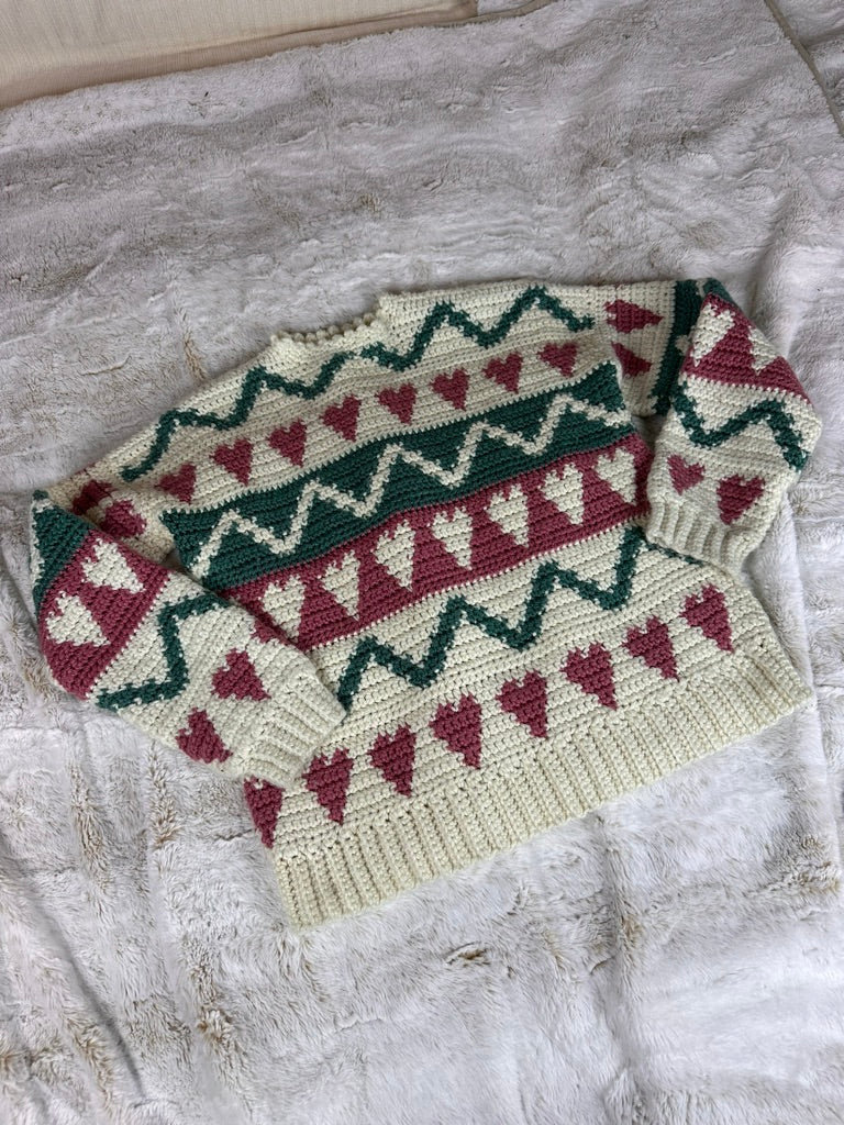 Vintage Handknit Heart Patterned Chunky Knit Sweater - Large