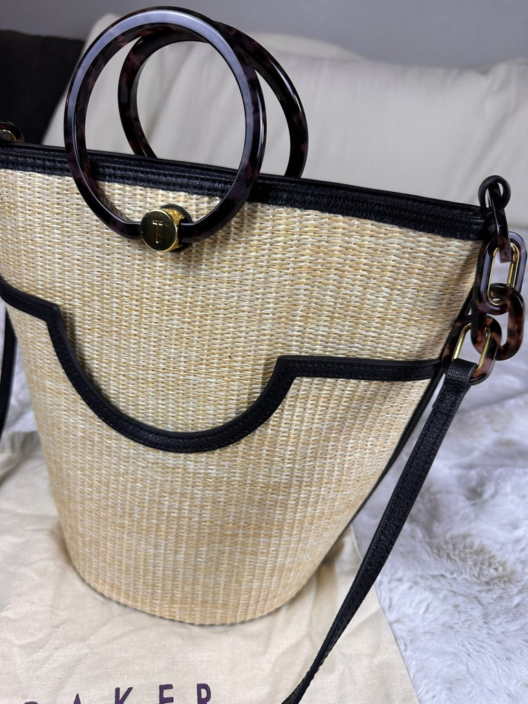 Ted Baker Beige & Black Raffia Loop Handle Satchel Bucket Bag Sold Out Style w Dustbag