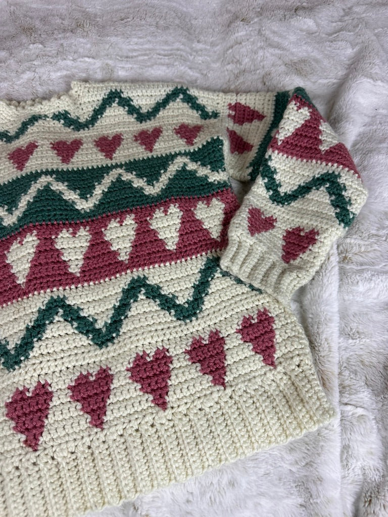 Vintage Handknit Heart Patterned Chunky Knit Sweater - Large