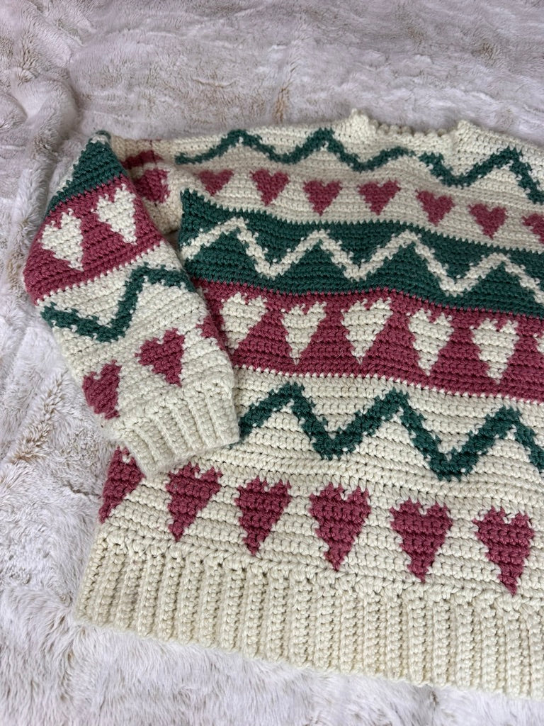 Vintage Handknit Heart Patterned Chunky Knit Sweater - Large