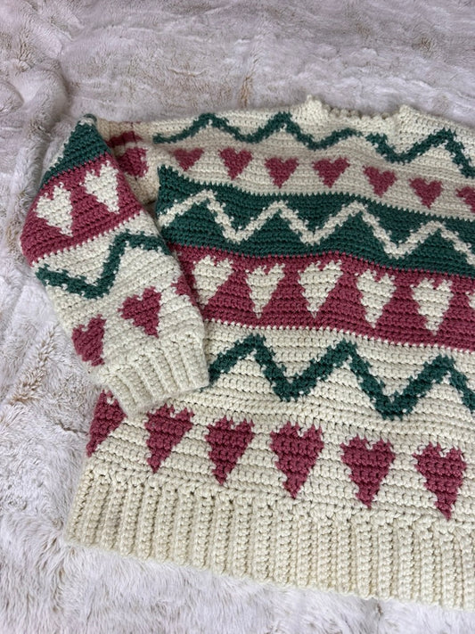 Vintage Handknit Heart Patterned Chunky Knit Sweater - Large