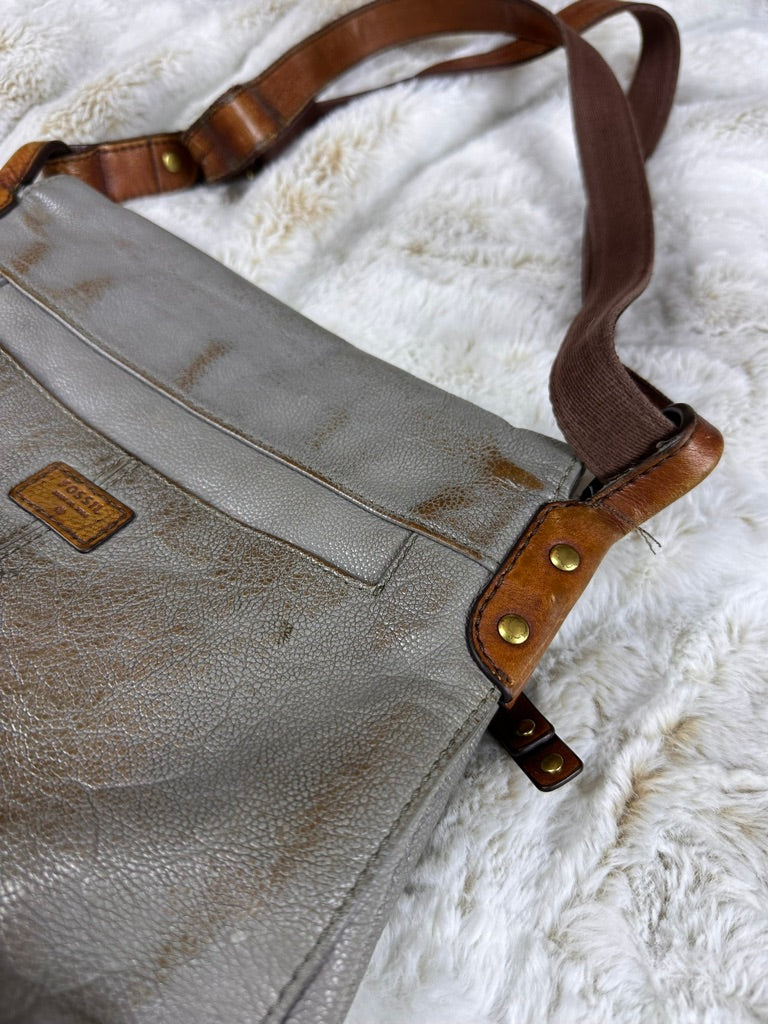 Vintage Inspired Fossil Crossbody Purse Grey & Brown Color