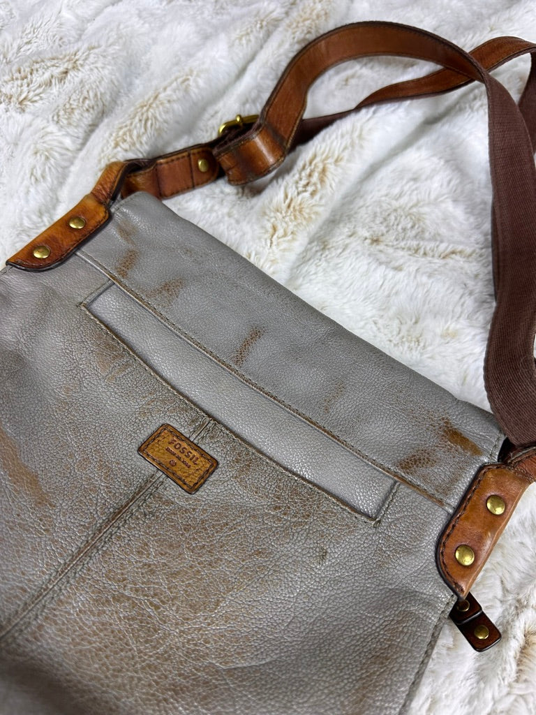 Vintage Inspired Fossil Crossbody Purse Grey & Brown Color