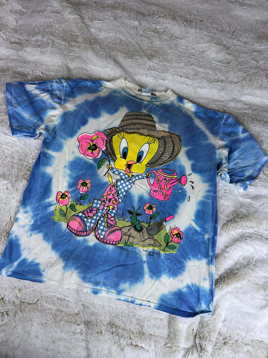 Vintage 90s Tweety Bird Gardening Tie Dye Graphic Tee - XL