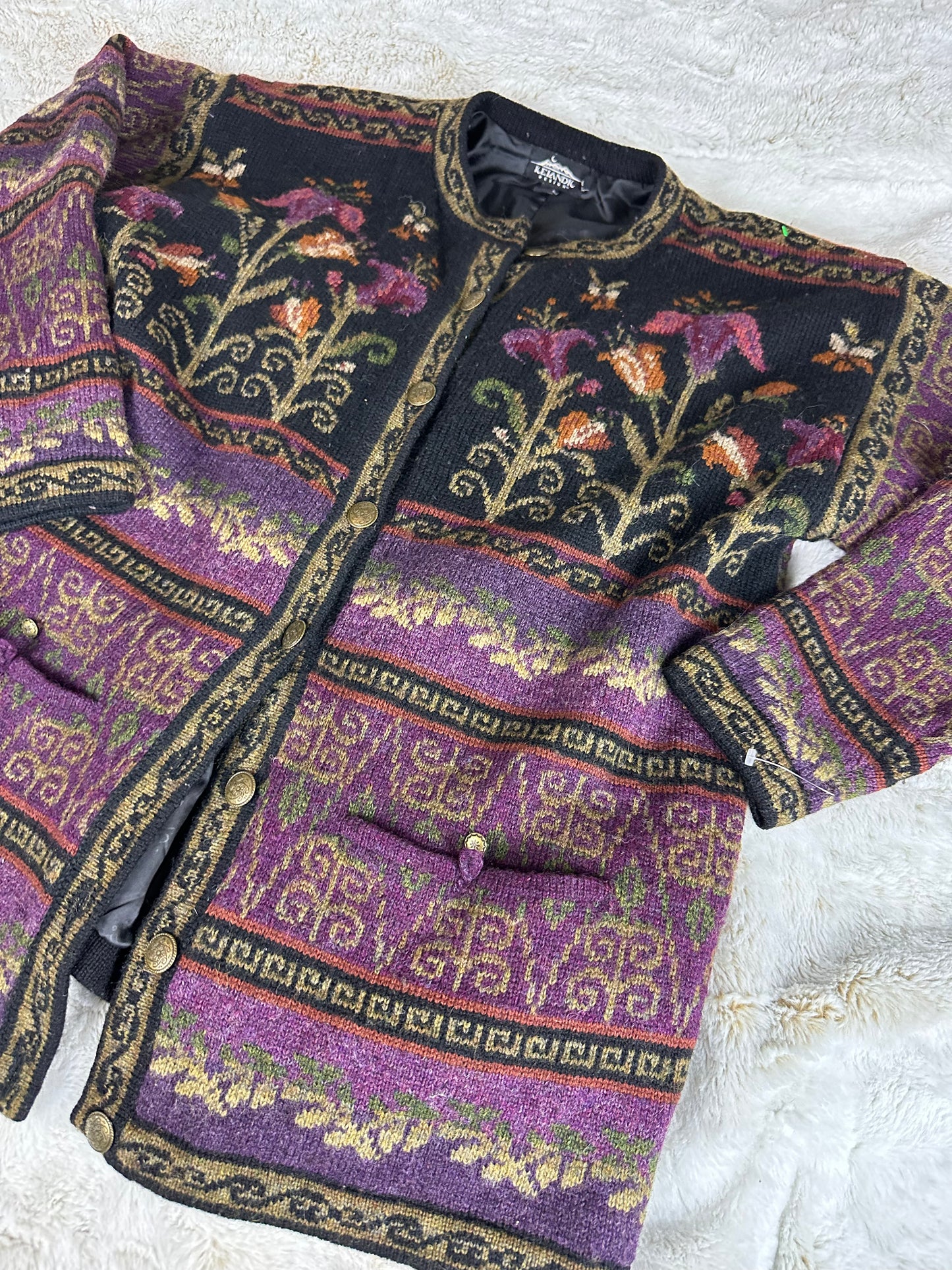 Vintage 1999 Icelandic Design 100% Wool Patterned Button Up Cardigan - XL