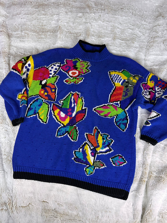 Vintage 90s Retro Knit Sweater 100% Cotton Vibrant Floral Pattern - Large