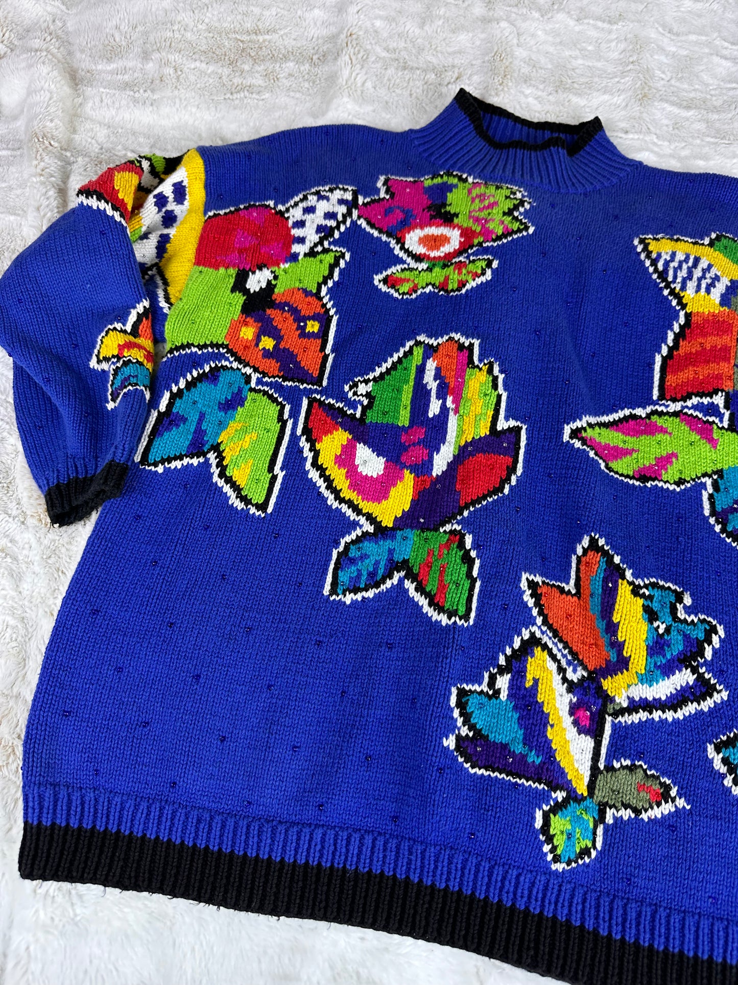 Vintage 90s Retro Knit Sweater 100% Cotton Vibrant Floral Pattern - Large