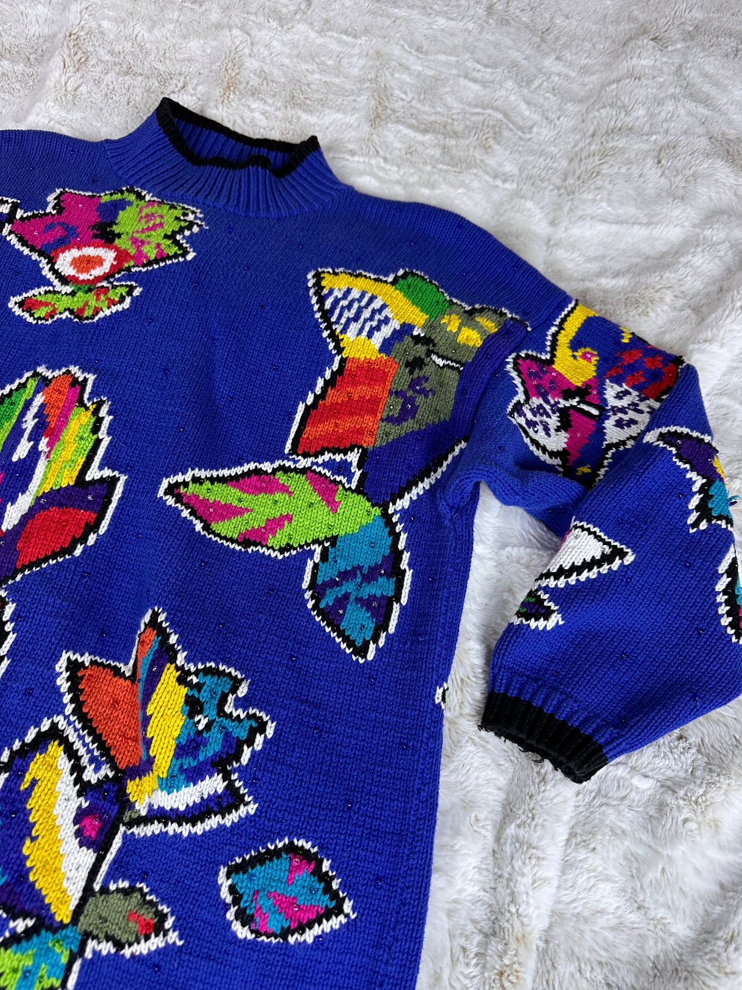 Vintage 90s Retro Knit Sweater 100% Cotton Vibrant Floral Pattern - Large