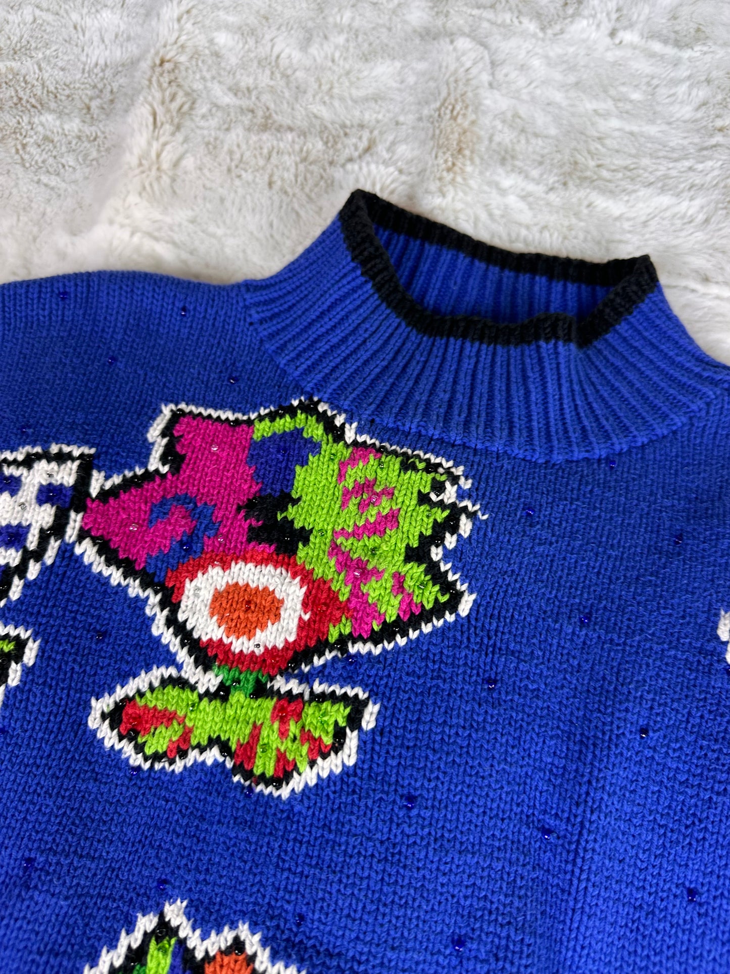 Vintage 90s Retro Knit Sweater 100% Cotton Vibrant Floral Pattern - Large