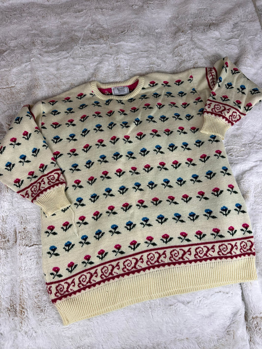 Vintage Herald House Floral Patterned Knit Sweater - Large