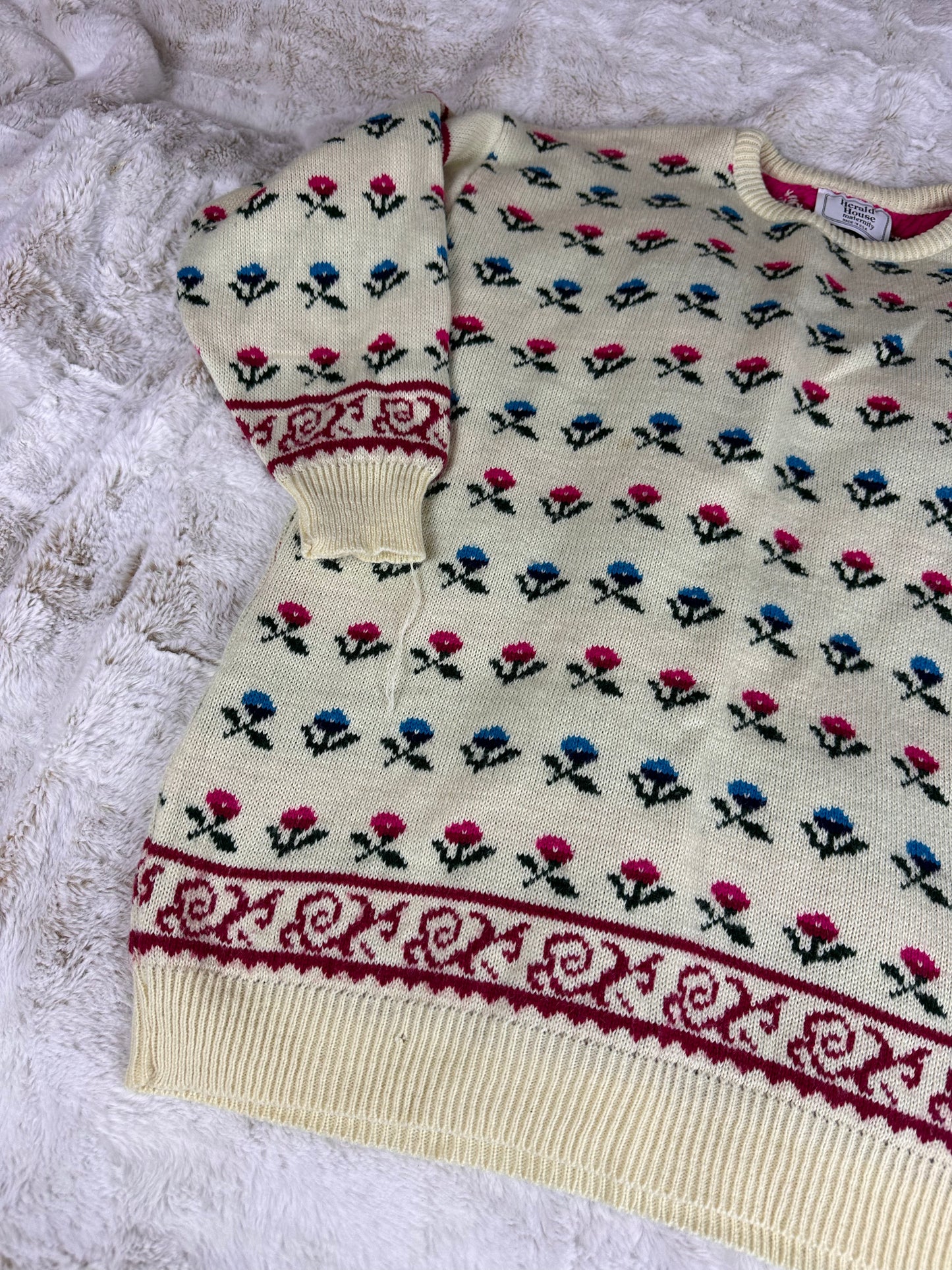 Vintage Herald House Floral Patterned Knit Sweater - Large