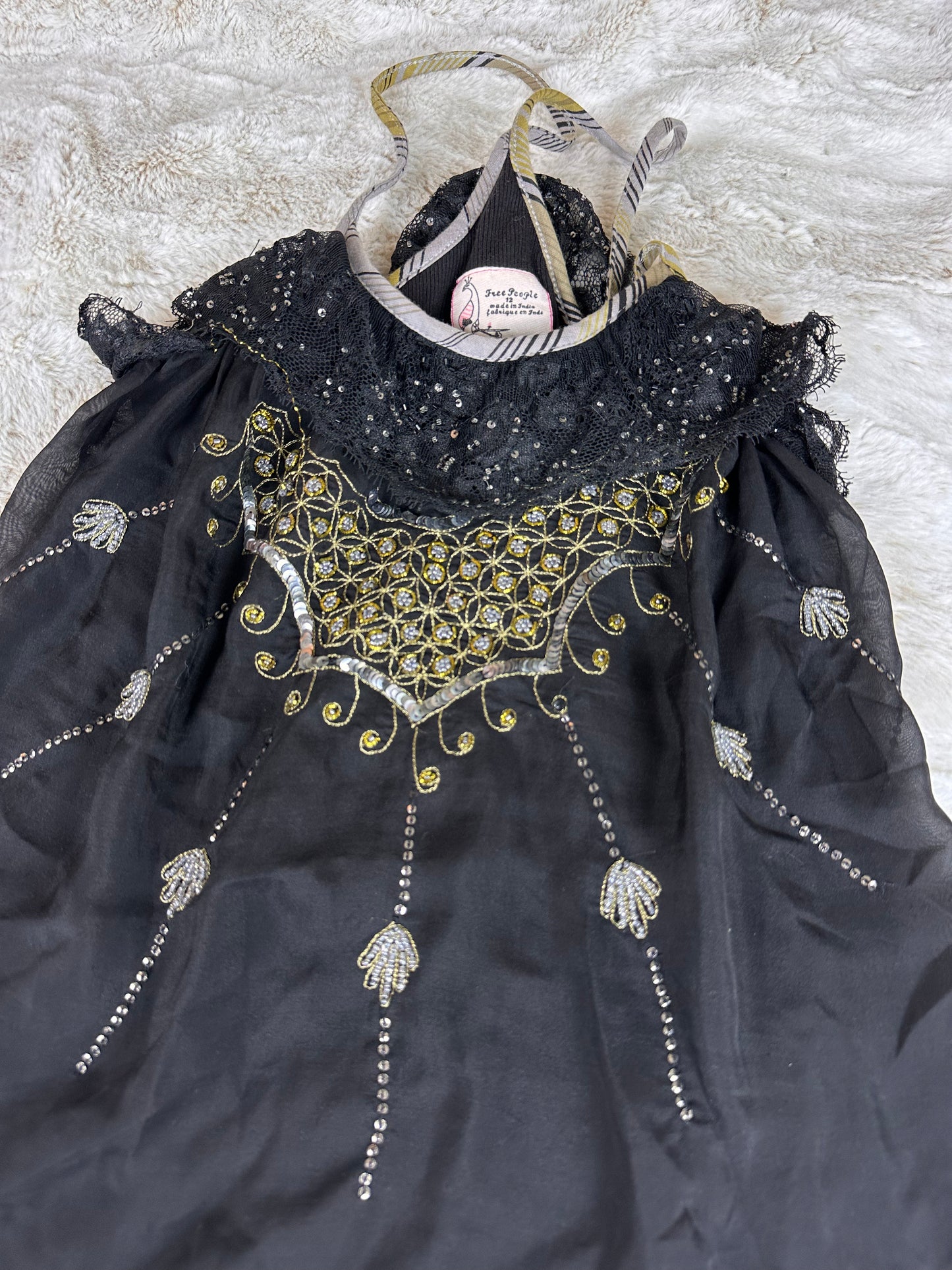 Free People Beaded 100% Silk Black Tank Top - Large
