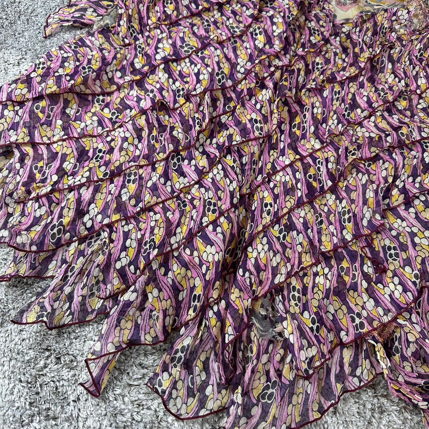 Johnny Was Patterned Flowy & Ruffled Patchwork Silk Skirt // Large