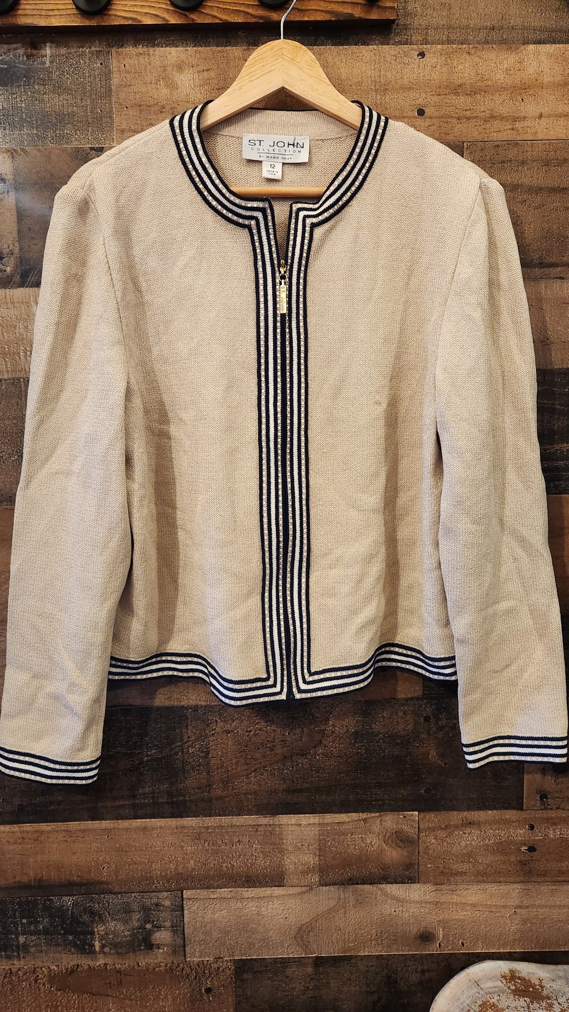 Vintage St. John Marie Gray Black & Neutral Zip Up Knit Top - Large