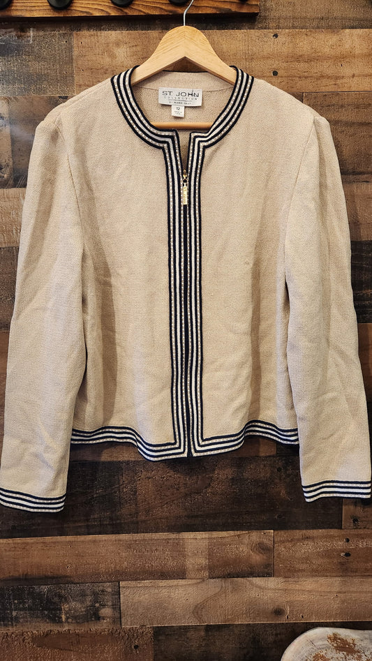Vintage St. John Marie Gray Black & Neutral Zip Up Knit Top - Large