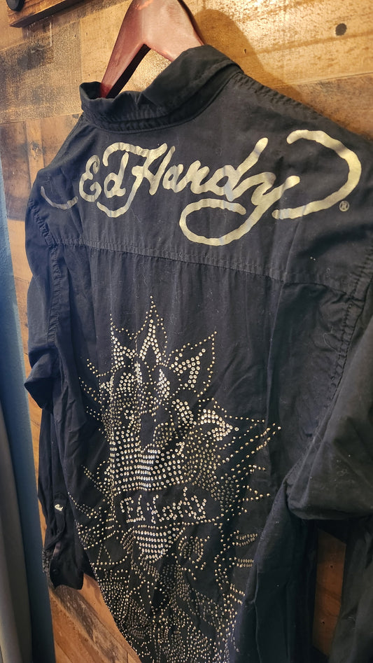 Y2K Ed Hardy Studded Button Down Shirt - Size Medium
