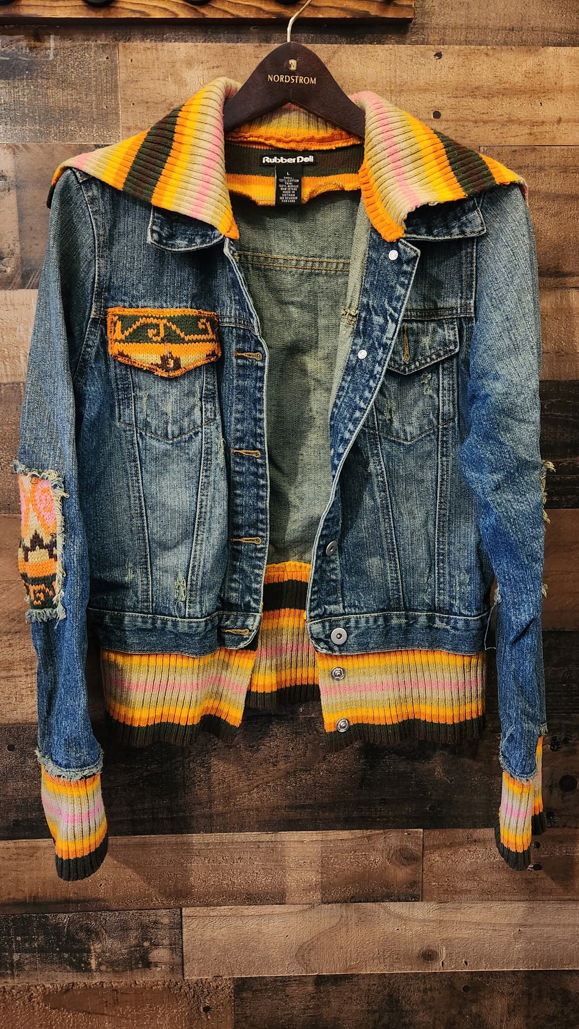 Y2K Knit Patchwork & Denim Button Down Jacket - Size Large