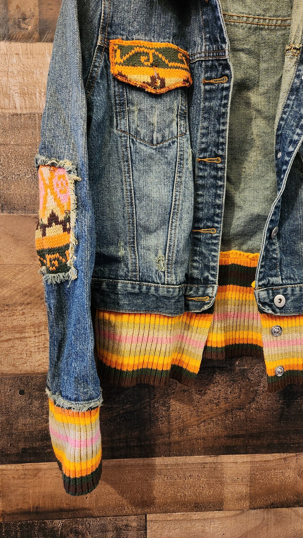 Y2K Knit Patchwork & Denim Button Down Jacket - Size Large