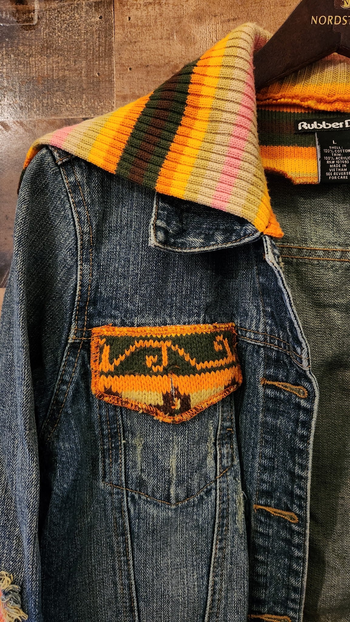 Y2K Knit Patchwork & Denim Button Down Jacket - Size Large