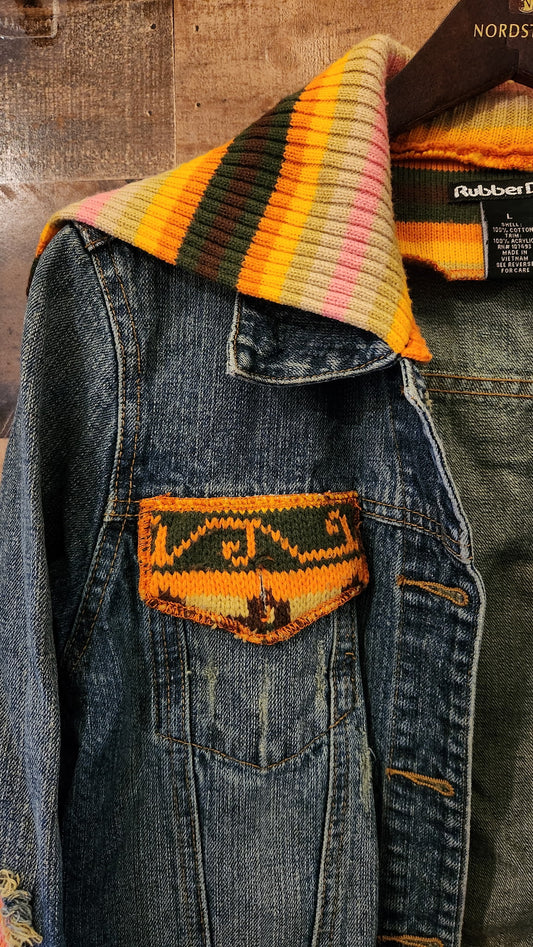 Y2K Knit Patchwork & Denim Button Down Jacket - Size Large
