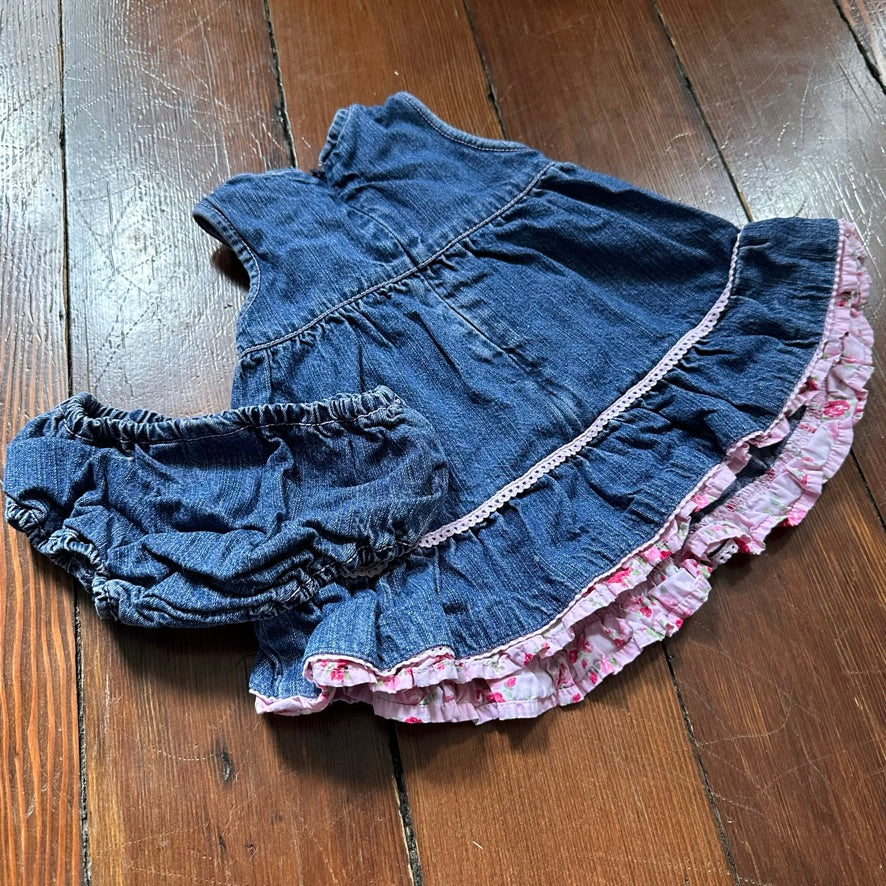 Vintage Denim & Pink Dress with Bloomers - 0-3 Months