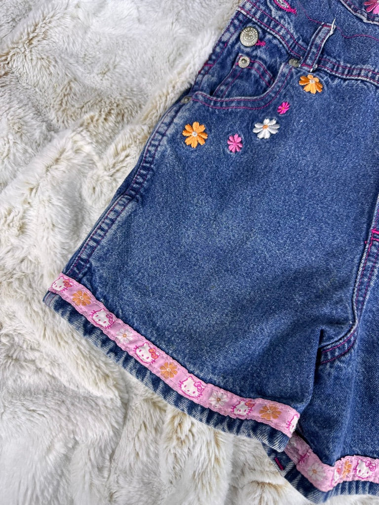 Vintage Sanrio Hello Kitty Denim Overalls Girls Embroidered Floral Shortalls Y2K