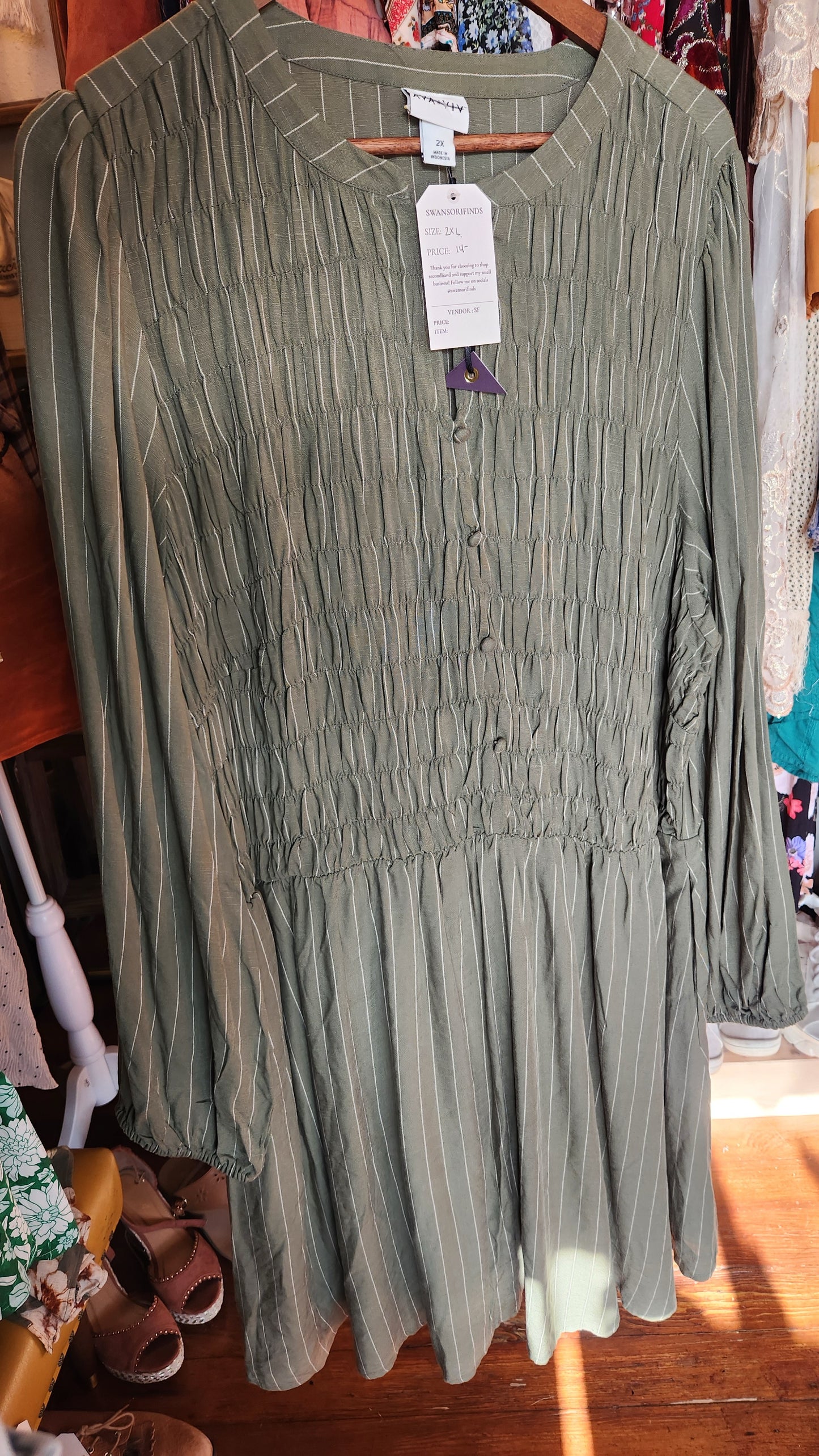 New Green Striped Long Sleeve Dress - 2XL