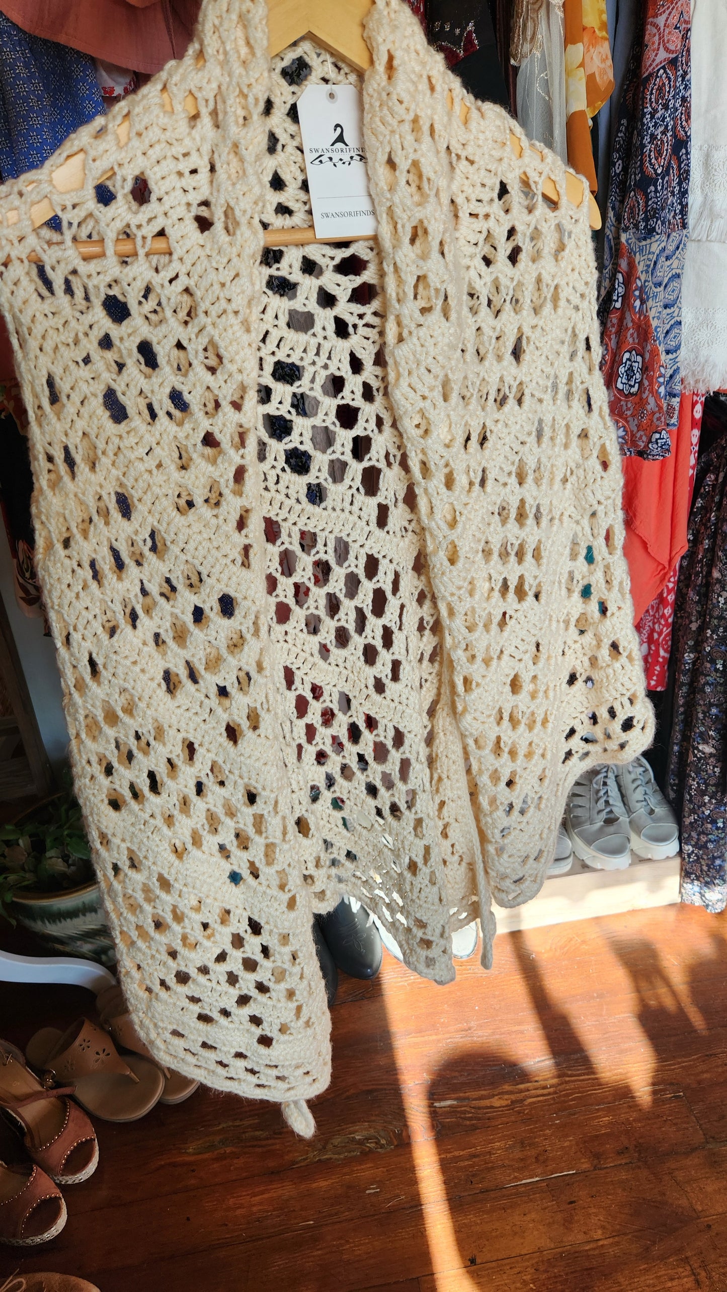 Handmade Cream Boho Knit Shawl - One Size