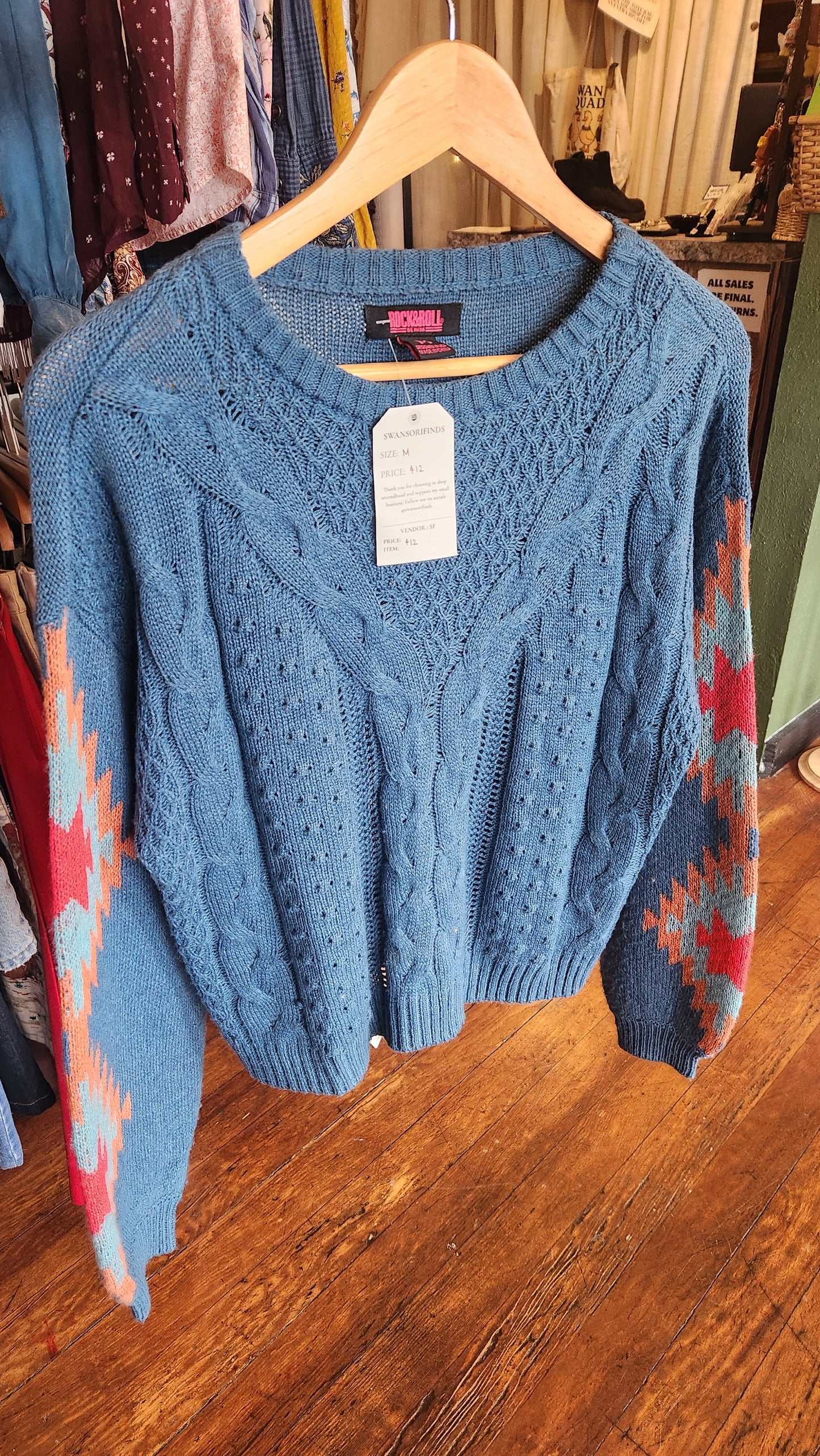 Rock N Roll Blue Knit Sweater with Aztec Prints - Medium