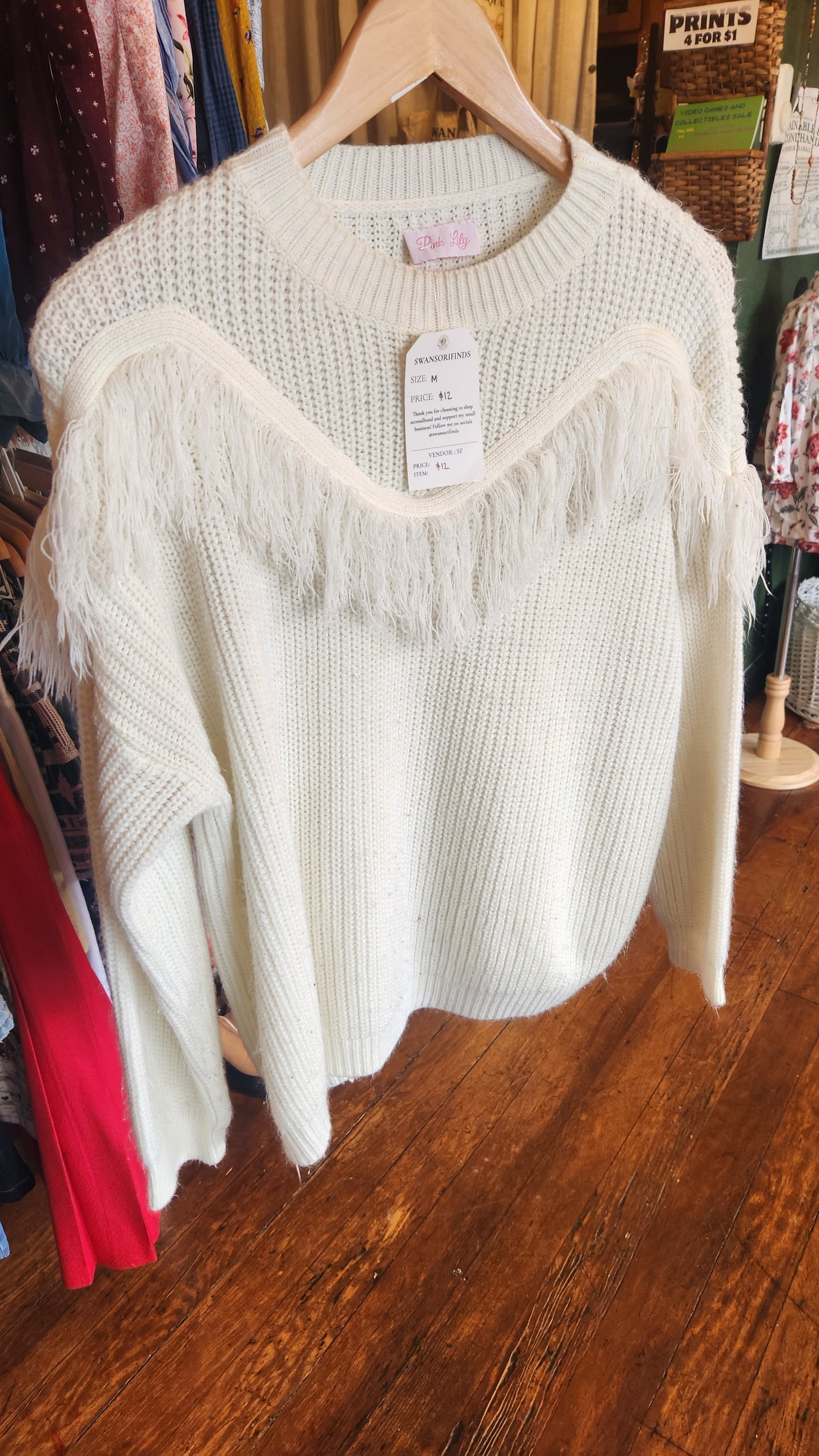 Fringe White Knit Sweater - Medium