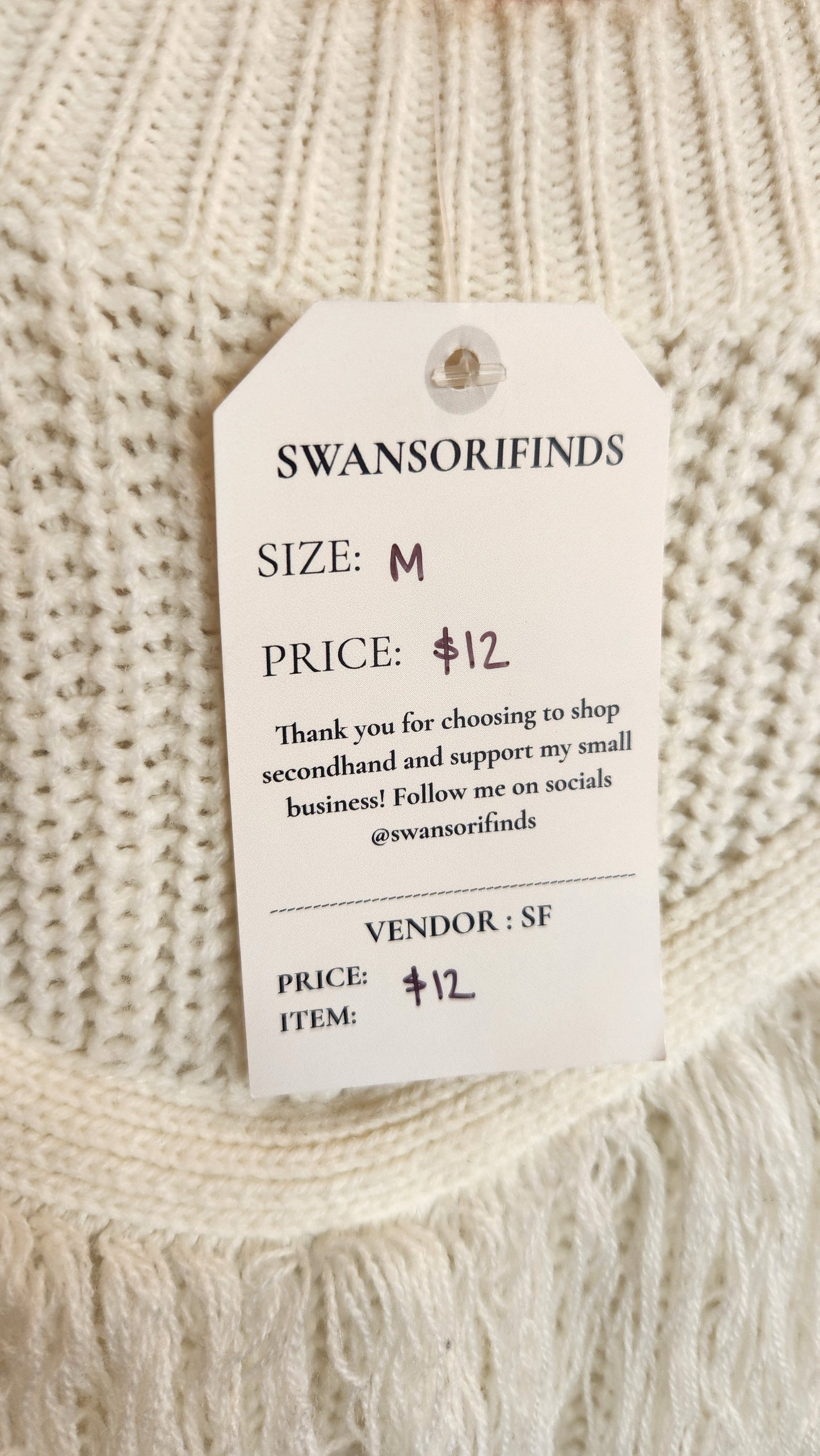 Fringe White Knit Sweater - Medium
