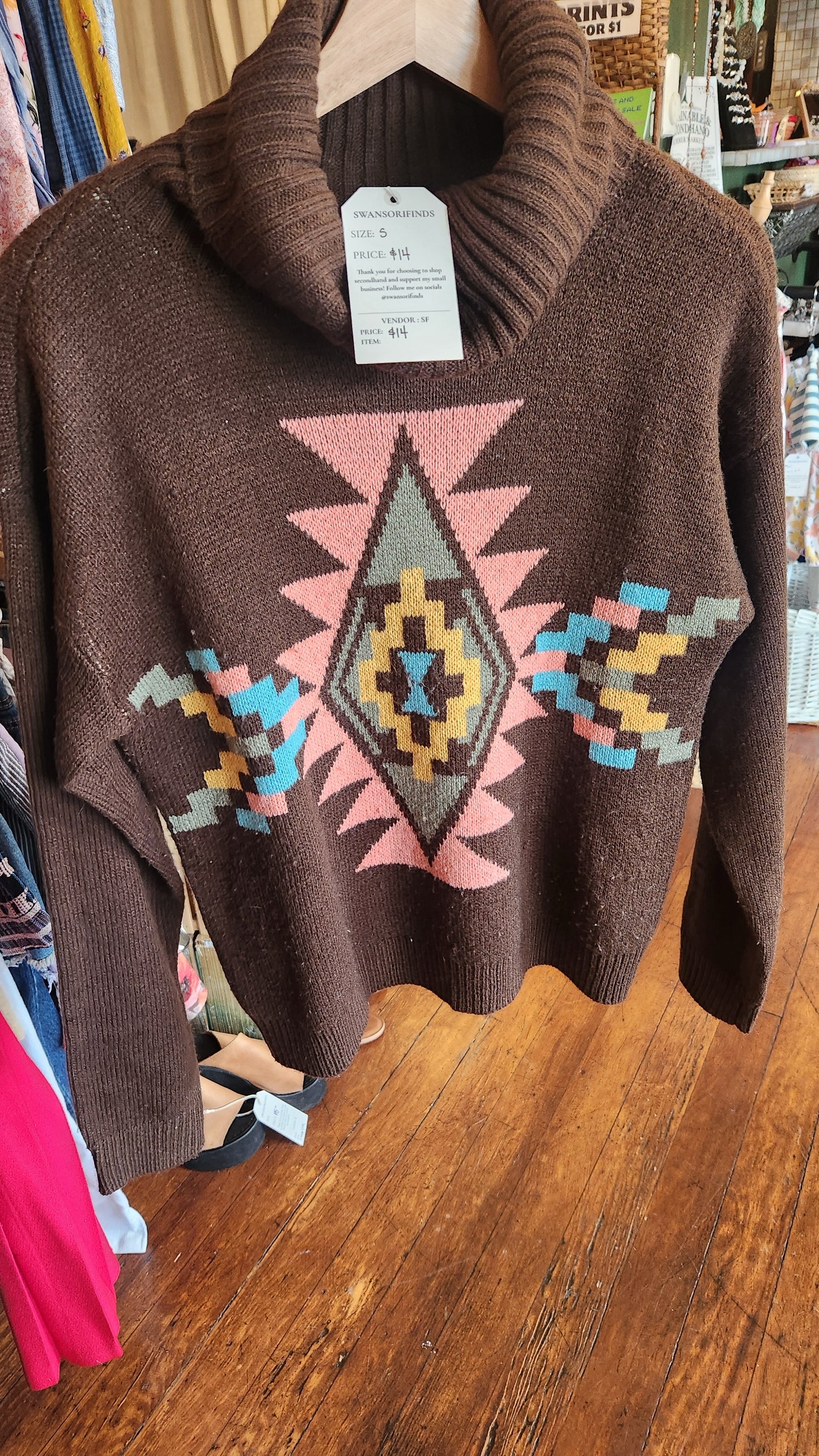 Brown Turtle Neck Knit Western Sweater - Small
