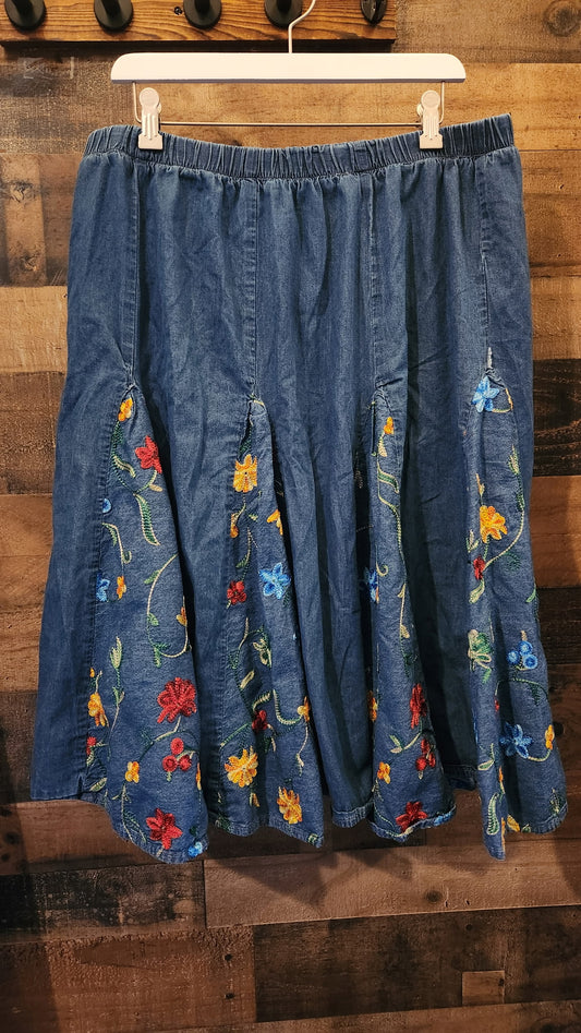 Vintage Denim Embroidered Floral Flowy Skirt