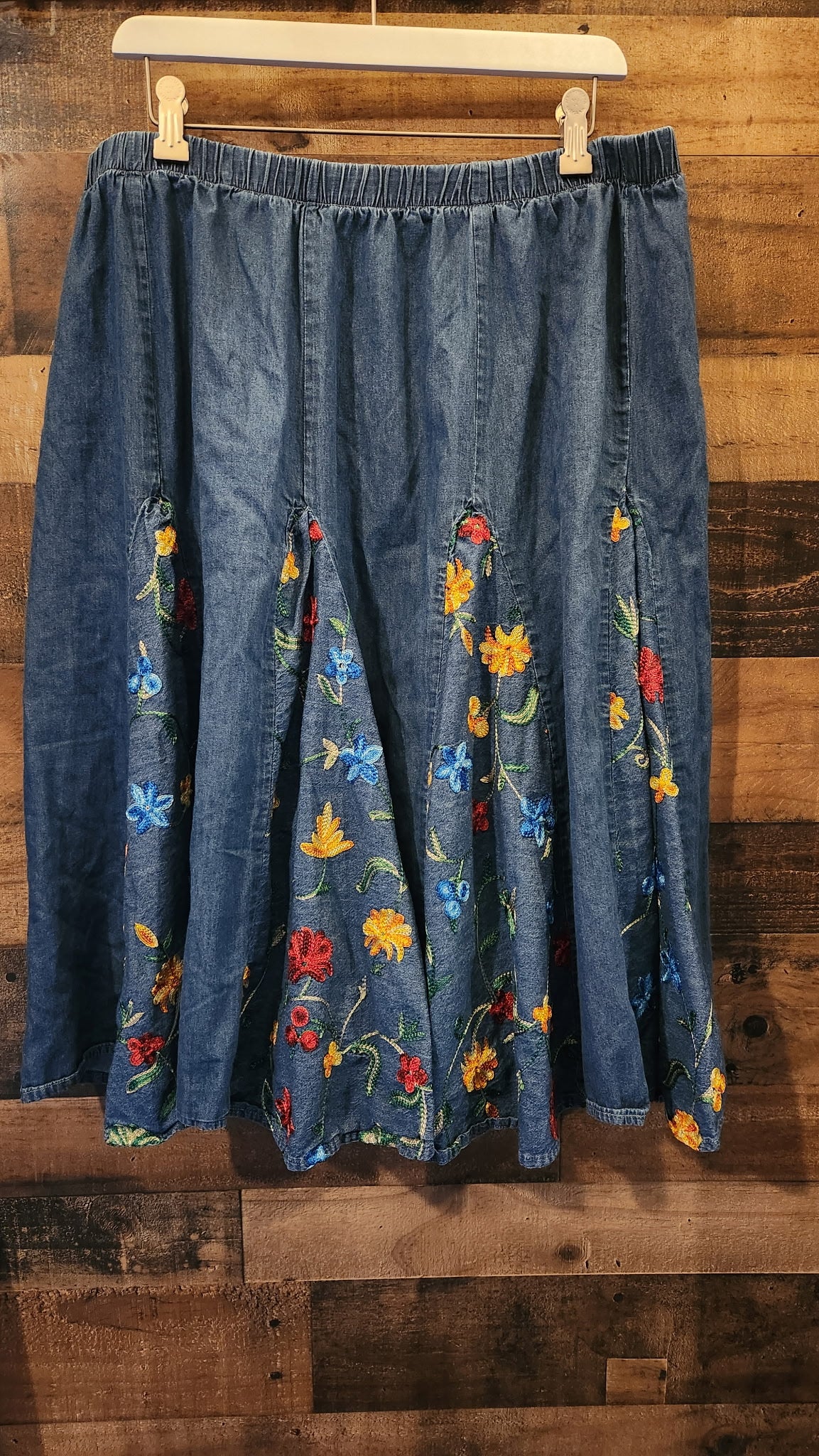 Vintage Denim Embroidered Floral Flowy Skirt