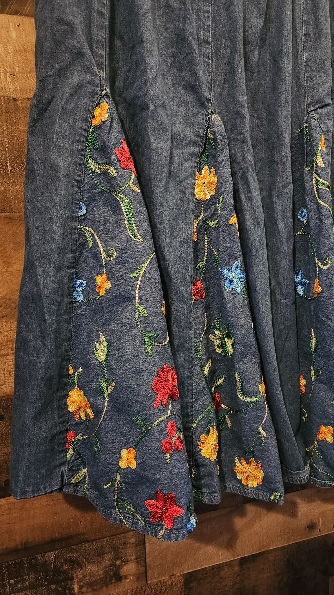Vintage Denim Embroidered Floral Flowy Skirt