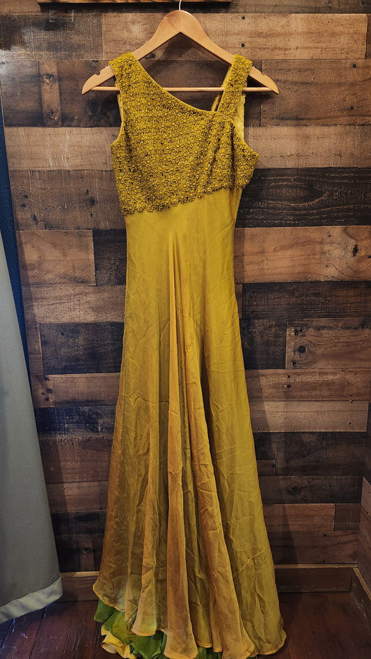 Solimano Yellow Beaded Silk Formal Dress - Size Small
