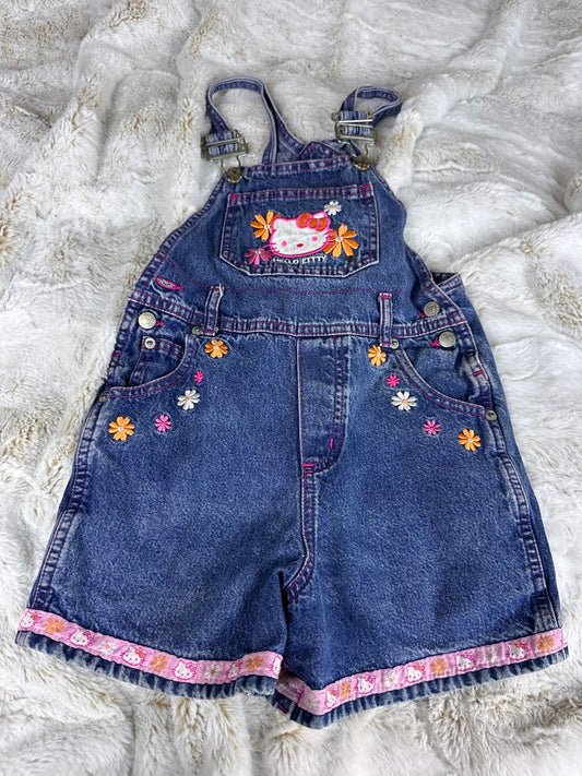 Vintage Sanrio Hello Kitty Denim Overalls Girls Embroidered Floral Shortalls Y2K