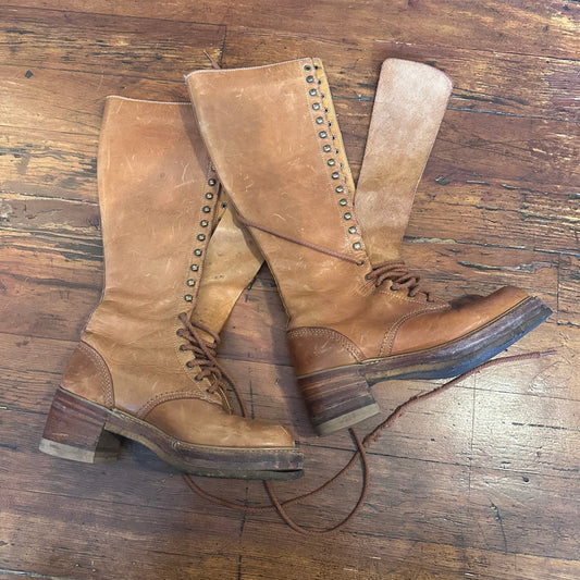 Vintage 70s Bort Carleton Knee-High Campus Lace-Up Boots - Size 7.5