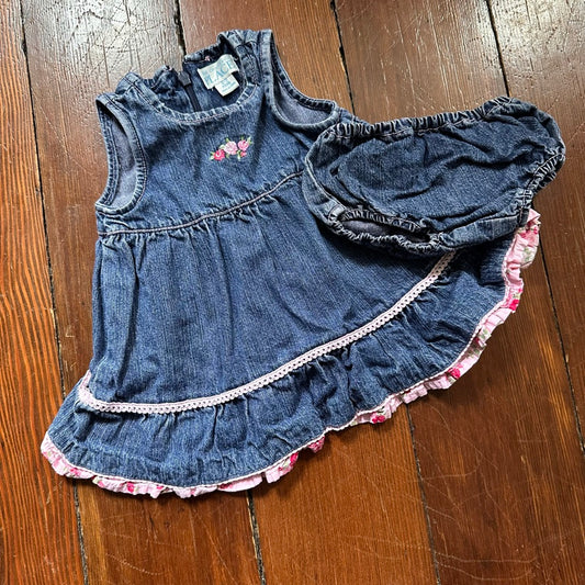Vintage Denim & Pink Dress with Bloomers - 0-3 Months