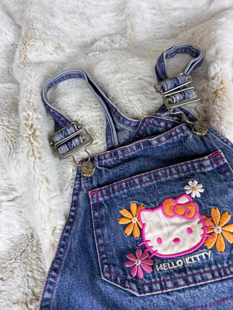 Vintage Sanrio Hello Kitty Denim Overalls Girls Embroidered Floral Shortalls Y2K