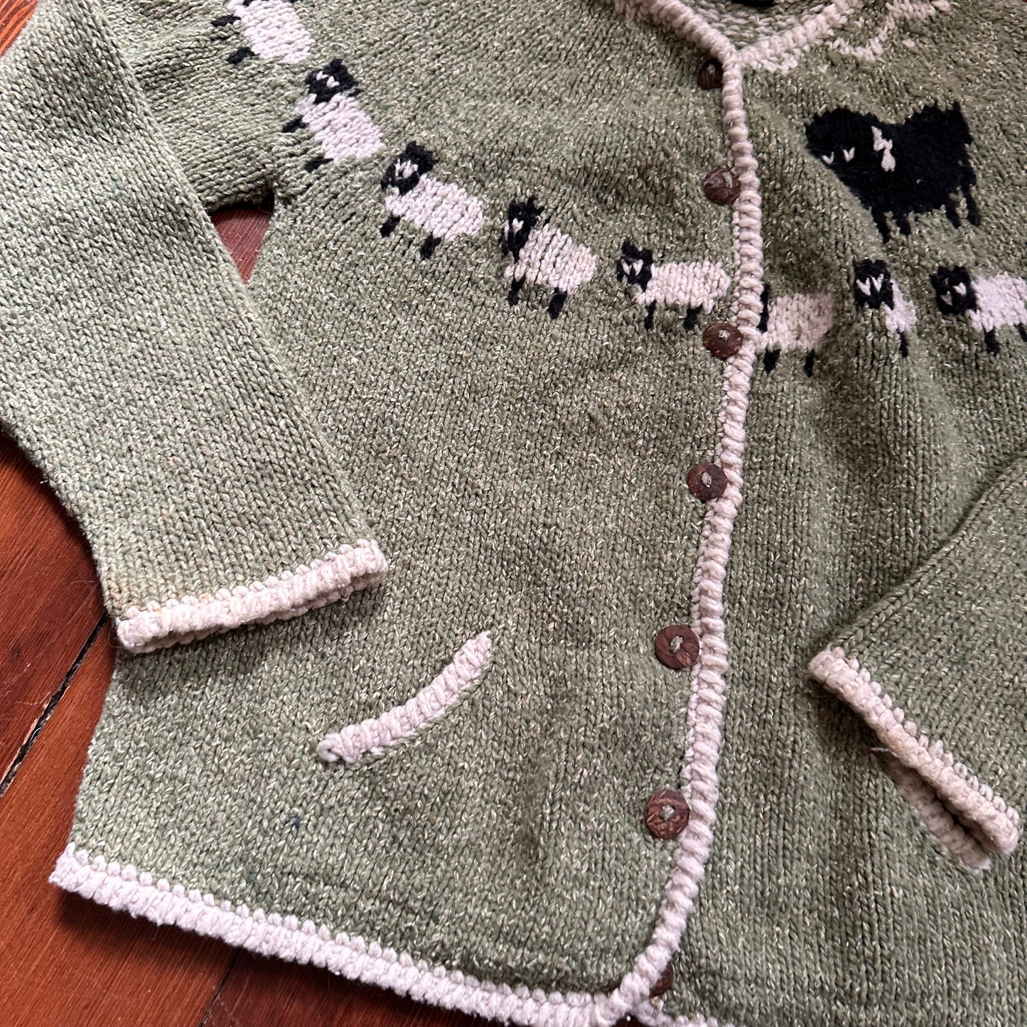 Vintage Handmade Green Knit Sheep Cardigan