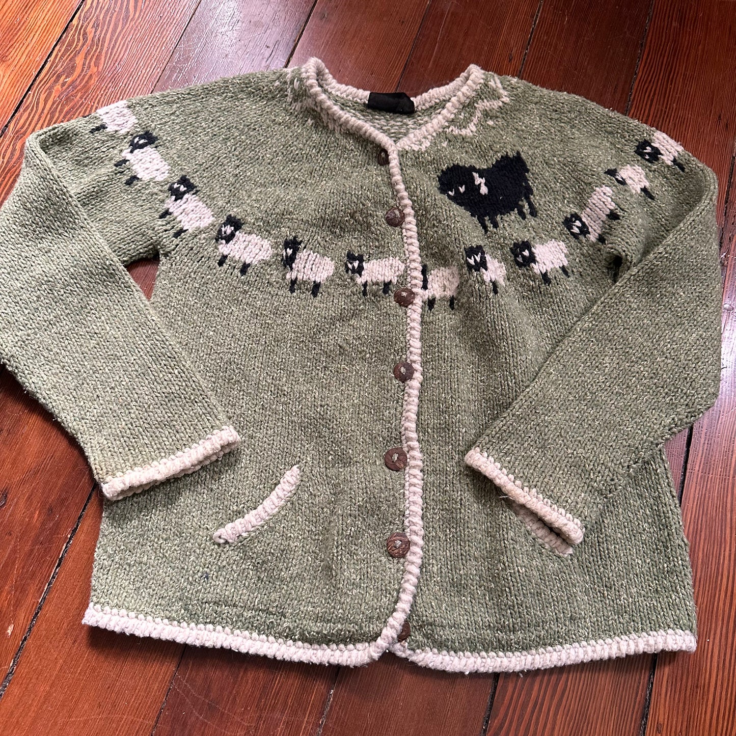 Vintage Handmade Green Knit Sheep Cardigan