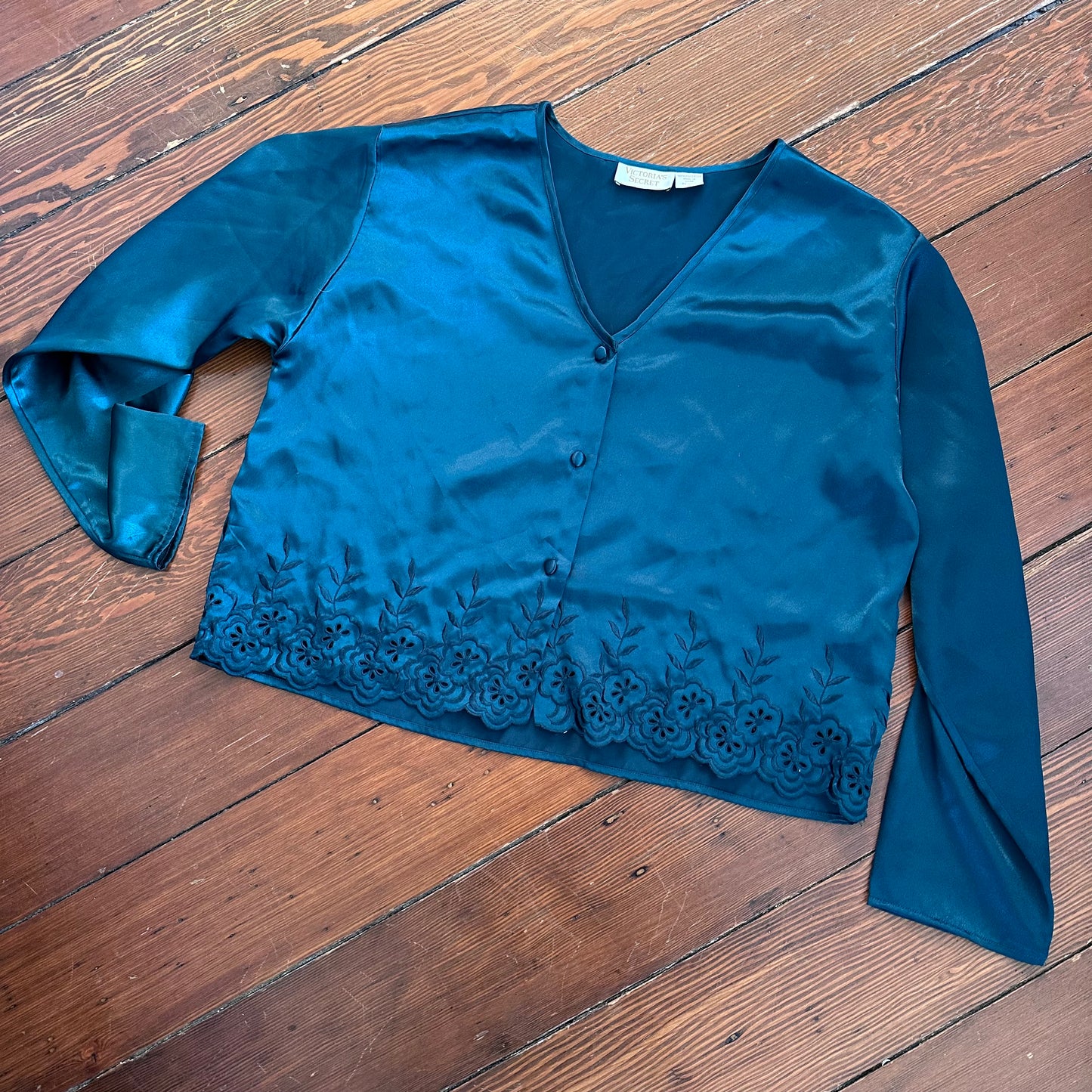 Vintage Gold Tag Victorias Secret Green Satin-Like Blouse - Medium
