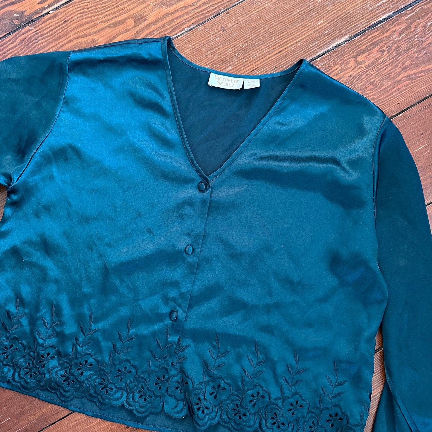Vintage Gold Tag Victorias Secret Green Satin-Like Blouse - Medium