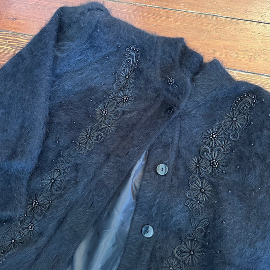 Vintage Lee Sands Black Fuzzy and Beaded Angora Hair Cardigan - Plus Size One Size