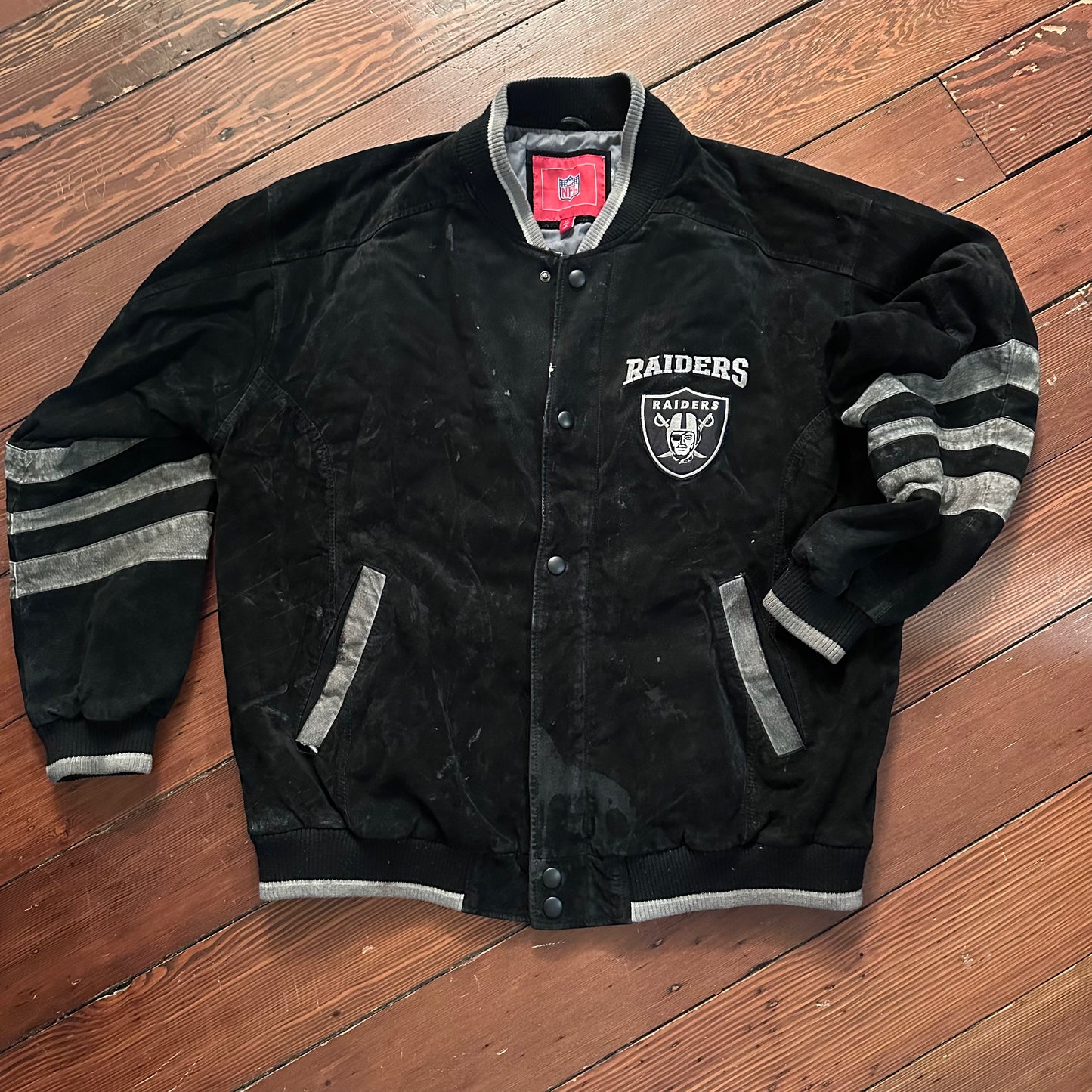 Vintage Oakland Raiders Suede Leather Black and Grey Jacket - Size XL