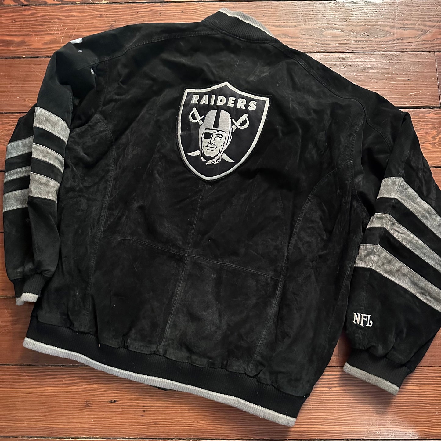 Vintage Oakland Raiders Suede Leather Black and Grey Jacket - Size XL