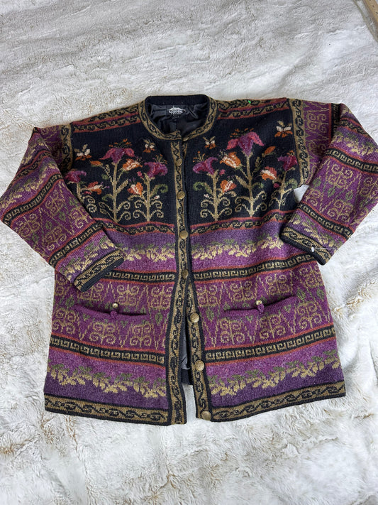Vintage 1999 Icelandic Design 100% Wool Patterned Button Up Cardigan - XL
