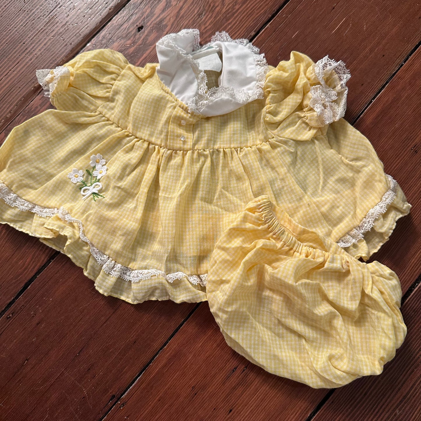 Vintage Yellow Gingham Dress & Bloomer Set - 0-6 Months