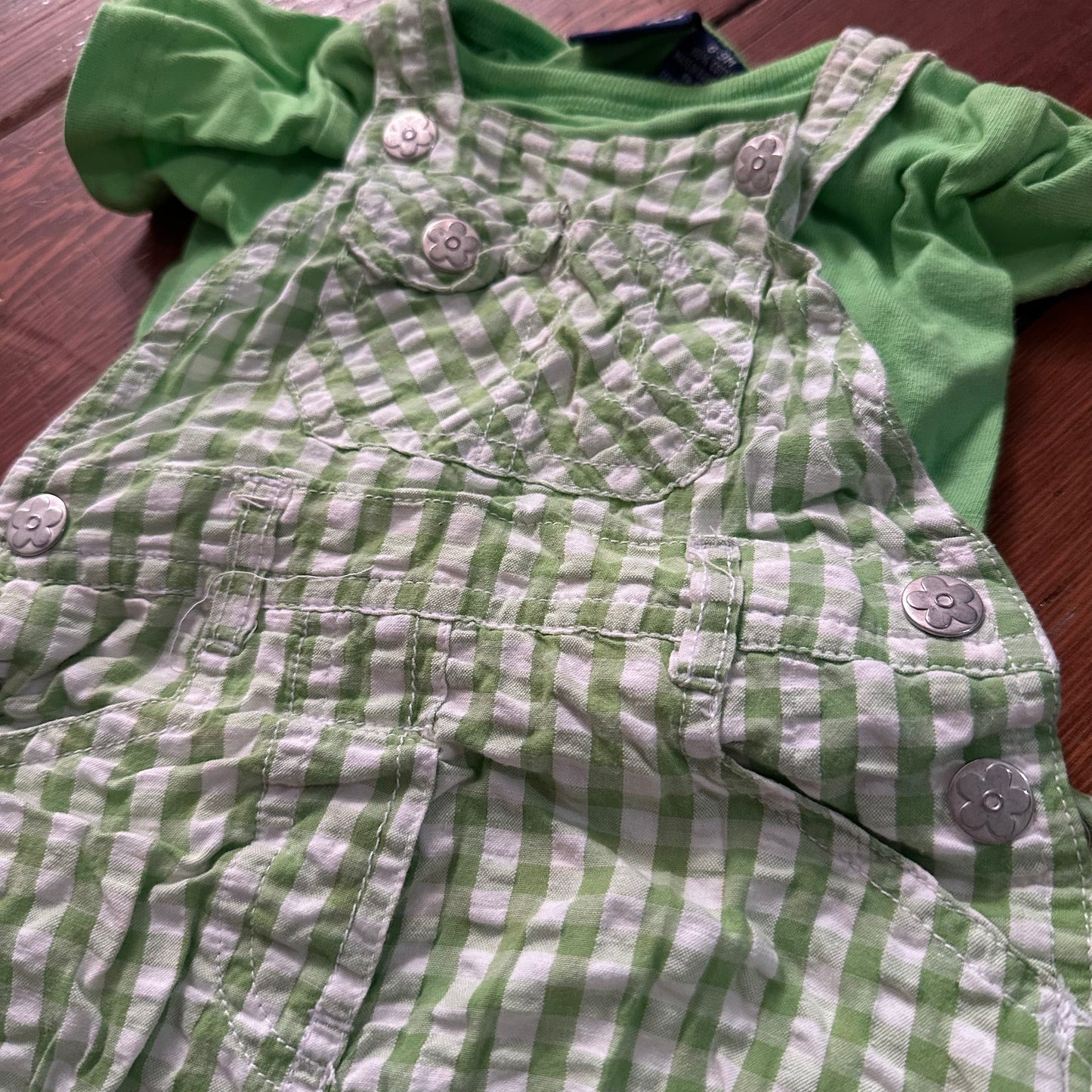 Vintage Green Gingham Overalls and Tee Set - 6-9 Months